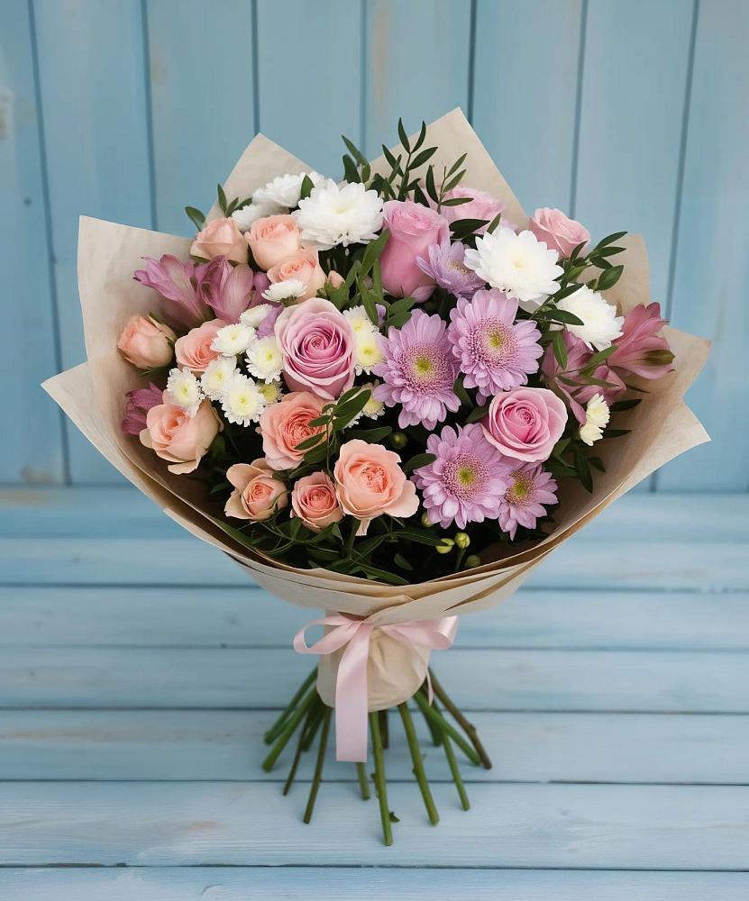 Букет цветов из: Хризантемы, Розы и Альстромерии в Рогачево