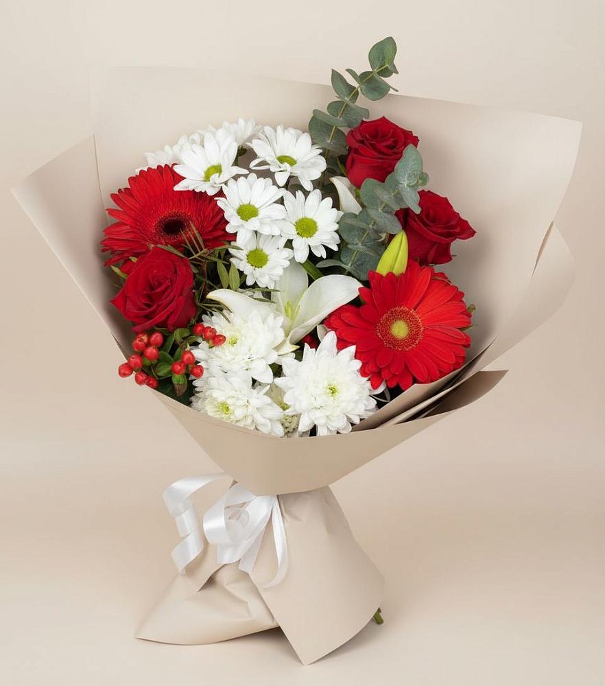 Букет цветов из: Розы, Хризантемы, Герберы и Лилии в Рогачево