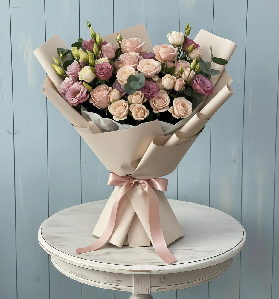 Букет цветов из: Розы и Лизиантусы в Рогачево